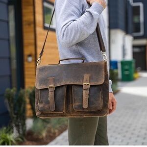 KomalC 18 Inch Leather Briefcase Laptop Messenger Bag, Buffalo Distressed Brown
